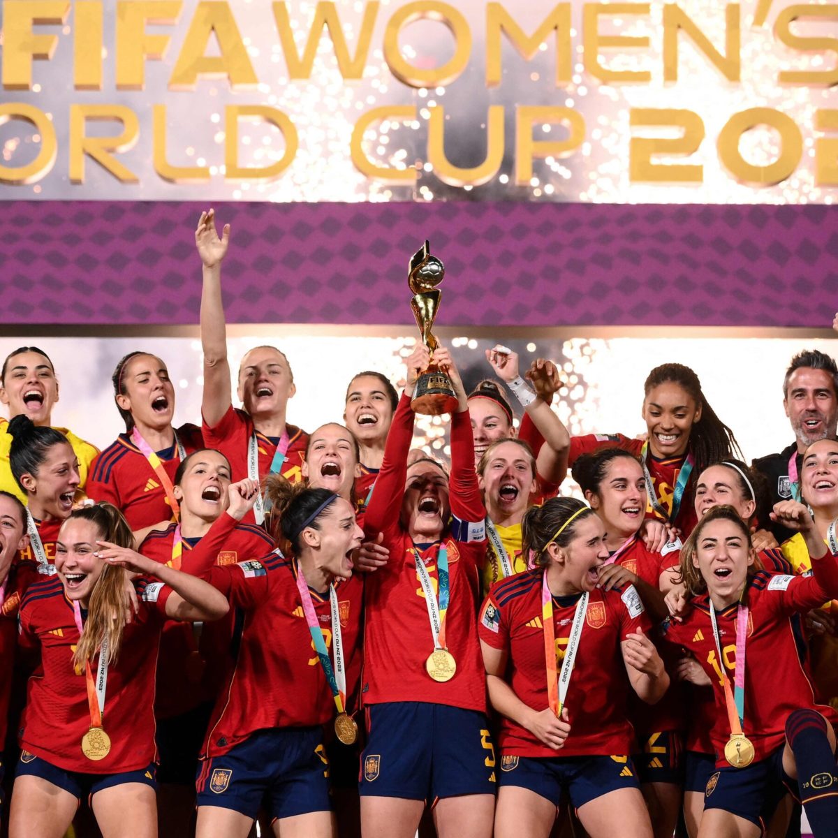 Spain celebrating winning the Women's World Cup.