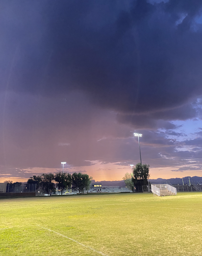 The sky over the soccer fields at Desert Oasis after postponing the boys soccer game on August 24, 2023.